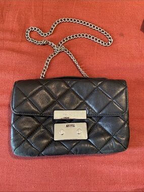 Michael Kors Black Quilted Leather Mini Crossbody with Silver Chain